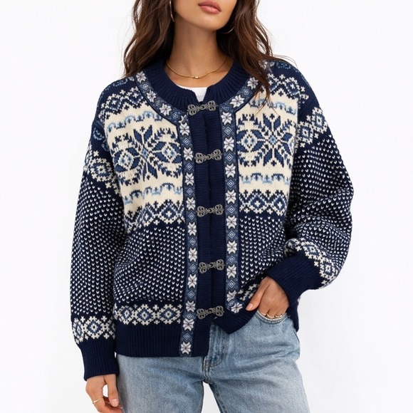 Dale of Norway Sweaters - Vintage Norwegian Dale of Norway Style Wool Fair Isle Snowflake Cardigan Size XS